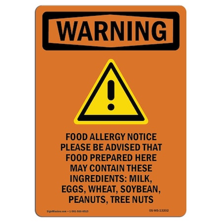 Signmission OSHA WARNING Sign, Food Allergy Notice W/ Symbol, 10in X 7in Rigid Plastic, 7" W, 10" L, Portrait OS-WS-P-710-V-13202